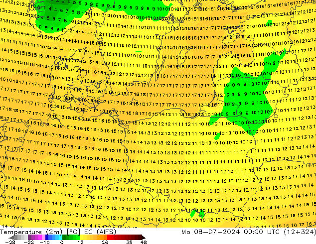 Temperature (2m) EC (AIFS) Mo 08.07.2024 00 UTC