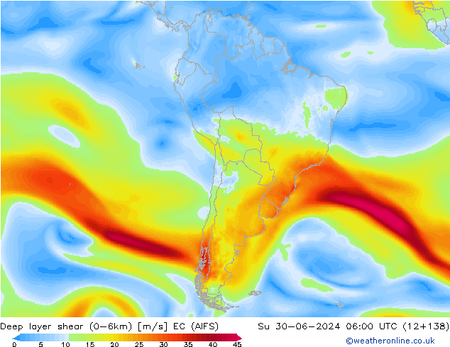 Deep layer shear (0-6km) EC (AIFS) nie. 30.06.2024 06 UTC