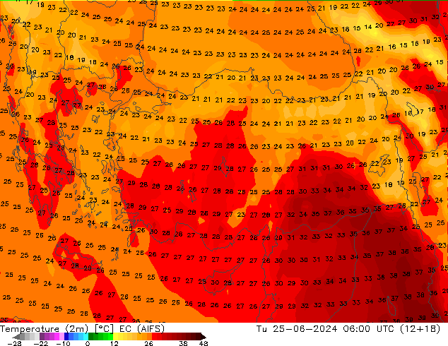 Temperatura (2m) EC (AIFS) mar 25.06.2024 06 UTC