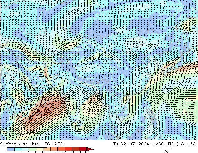 Wind 10 m (bft) EC (AIFS) di 02.07.2024 06 UTC