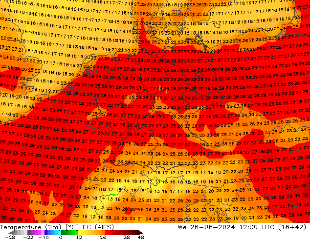 Temperatura (2m) EC (AIFS) mié 26.06.2024 12 UTC