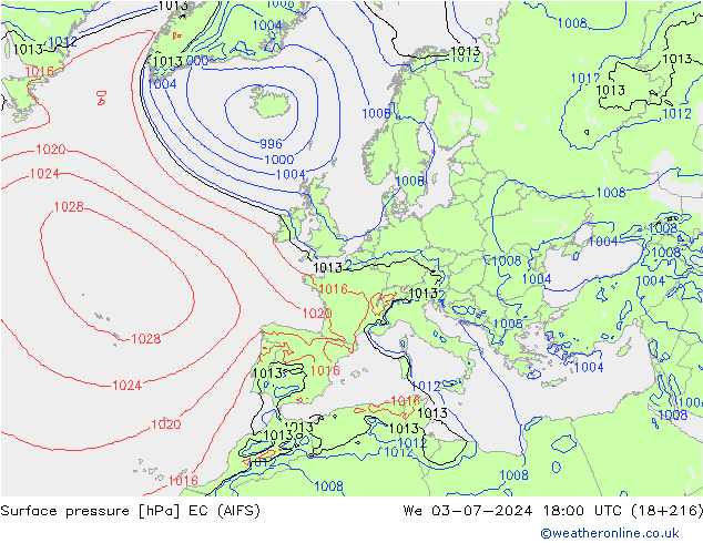 Atmosférický tlak EC (AIFS) St 03.07.2024 18 UTC