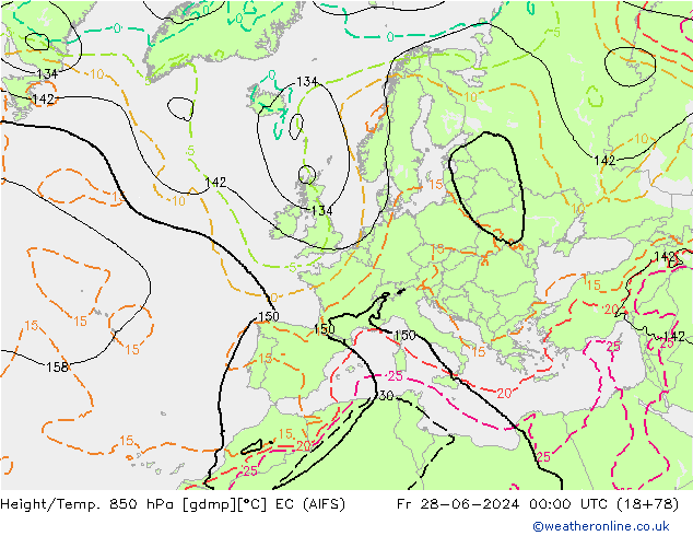 Height/Temp. 850 hPa EC (AIFS) ven 28.06.2024 00 UTC