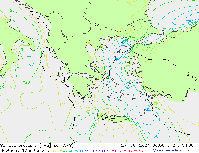 Isotachs (kph) EC (AIFS) Th 27.06.2024 06 UTC