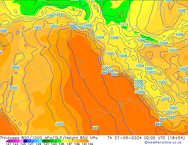 Espesor 850-1000 hPa EC (AIFS) jue 27.06.2024 00 UTC