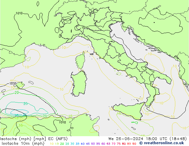 Isotachs (mph) EC (AIFS) Qua 26.06.2024 18 UTC