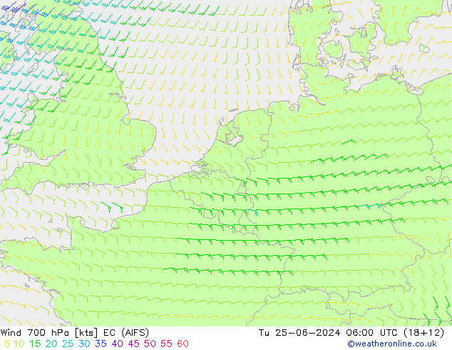 Wind 700 hPa EC (AIFS) di 25.06.2024 06 UTC
