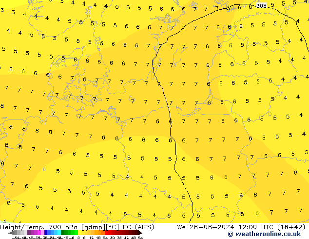 Hoogte/Temp. 700 hPa EC (AIFS) wo 26.06.2024 12 UTC