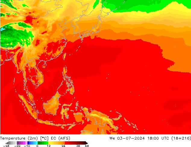 mapa temperatury (2m) EC (AIFS) śro. 03.07.2024 18 UTC