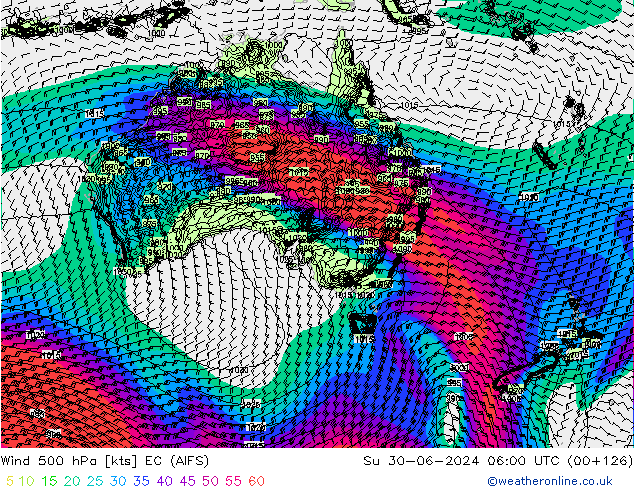wiatr 500 hPa EC (AIFS) nie. 30.06.2024 06 UTC