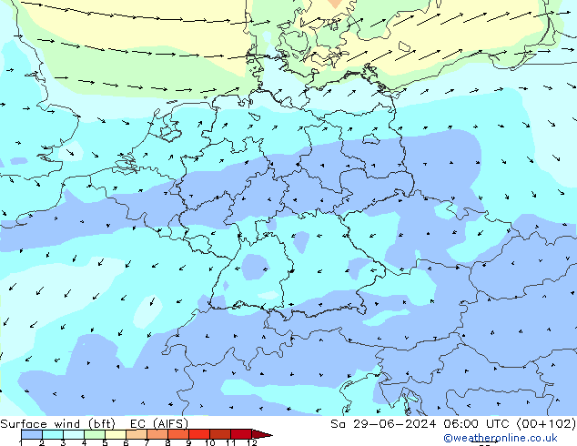 wiatr 10 m (bft) EC (AIFS) so. 29.06.2024 06 UTC