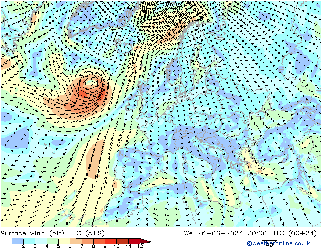 Wind 10 m (bft) EC (AIFS) wo 26.06.2024 00 UTC