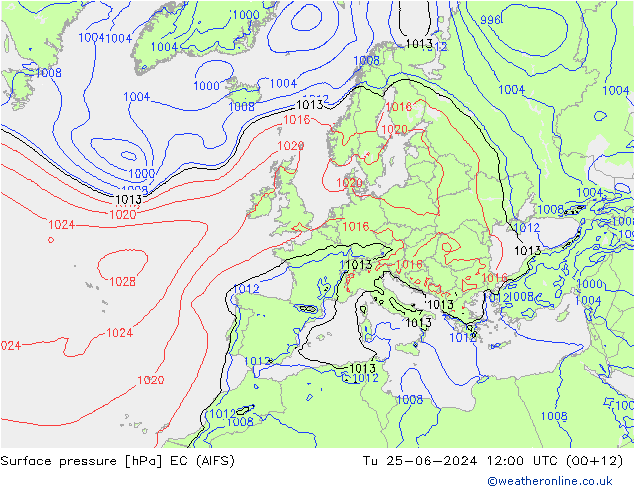 Atmosférický tlak EC (AIFS) Út 25.06.2024 12 UTC