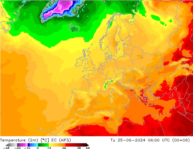 Temperature (2m) EC (AIFS) Út 25.06.2024 06 UTC