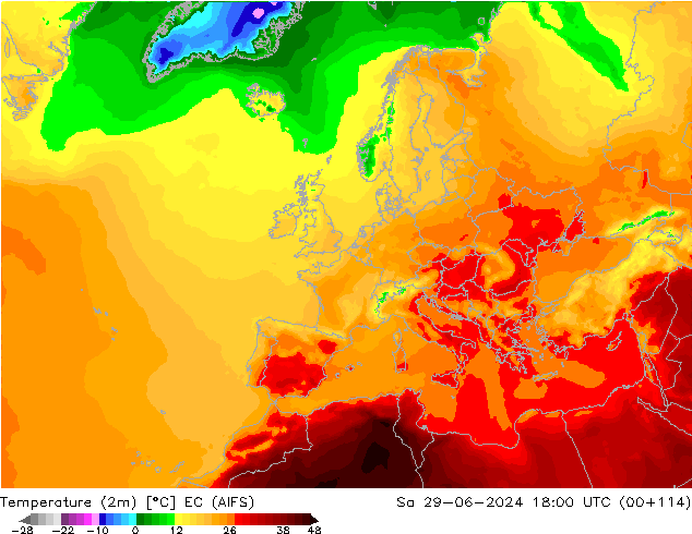 Temperature (2m) EC (AIFS) Sa 29.06.2024 18 UTC