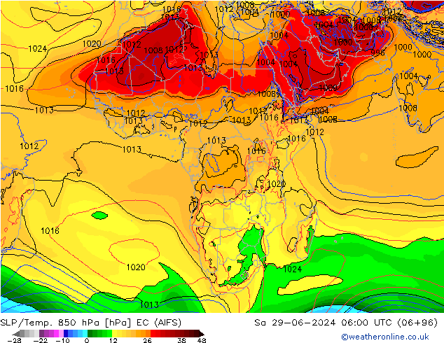 SLP/Temp. 850 hPa EC (AIFS) so. 29.06.2024 06 UTC