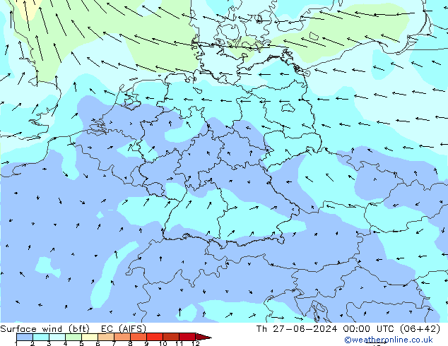 Surface wind (bft) EC (AIFS) Čt 27.06.2024 00 UTC