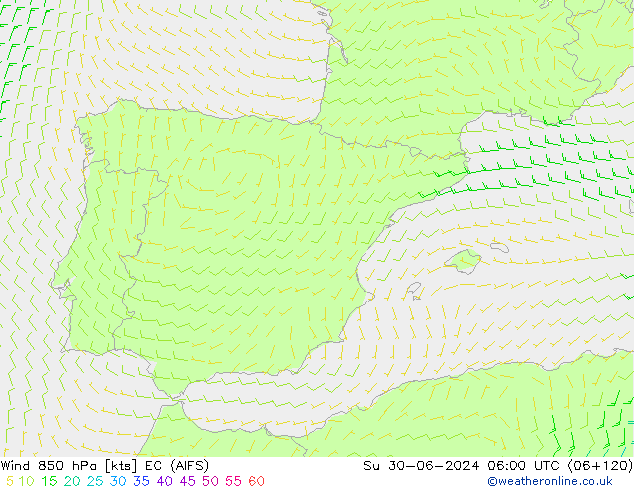 Viento 850 hPa EC (AIFS) dom 30.06.2024 06 UTC