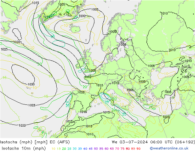Isotachs (mph) EC (AIFS) We 03.07.2024 06 UTC