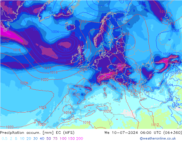 Precipitation accum. EC (AIFS) śro. 10.07.2024 06 UTC