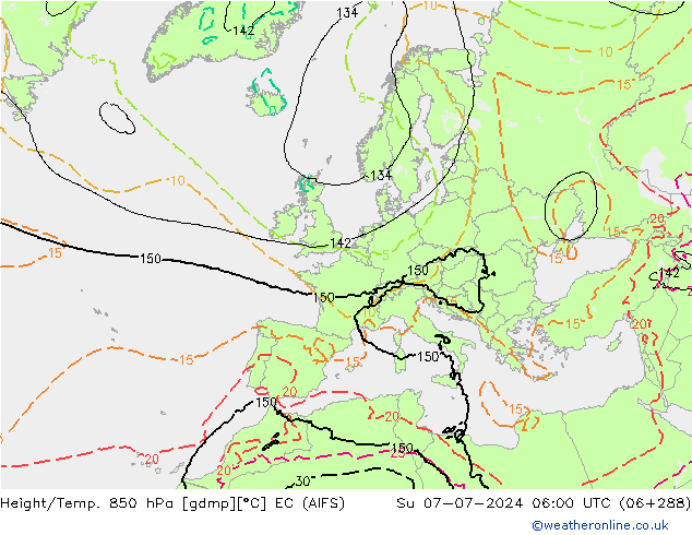 Yükseklik/Sıc. 850 hPa EC (AIFS) Paz 07.07.2024 06 UTC