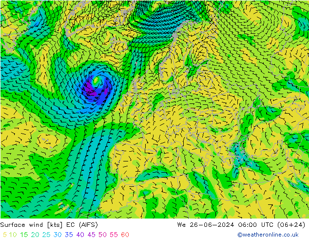 Surface wind EC (AIFS) We 26.06.2024 06 UTC