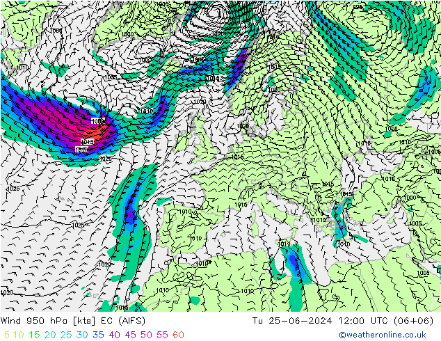 Wind 950 hPa EC (AIFS) Út 25.06.2024 12 UTC