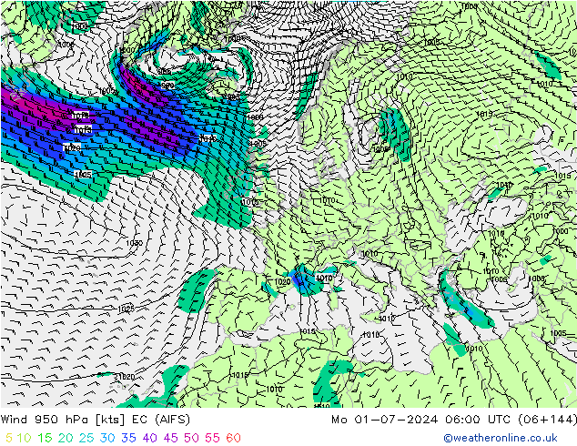 Wind 950 hPa EC (AIFS) ma 01.07.2024 06 UTC