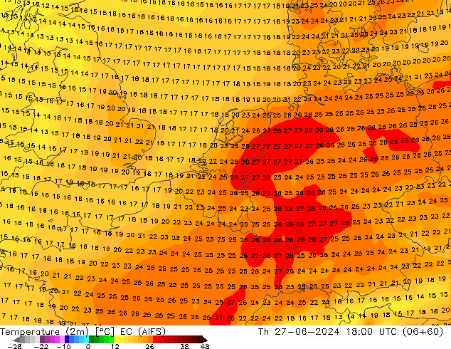 Temperature (2m) EC (AIFS) Th 27.06.2024 18 UTC