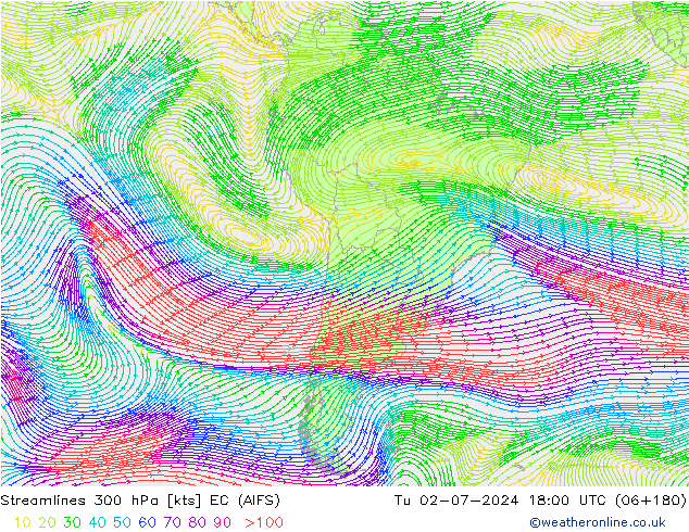 Rüzgar 300 hPa EC (AIFS) Sa 02.07.2024 18 UTC