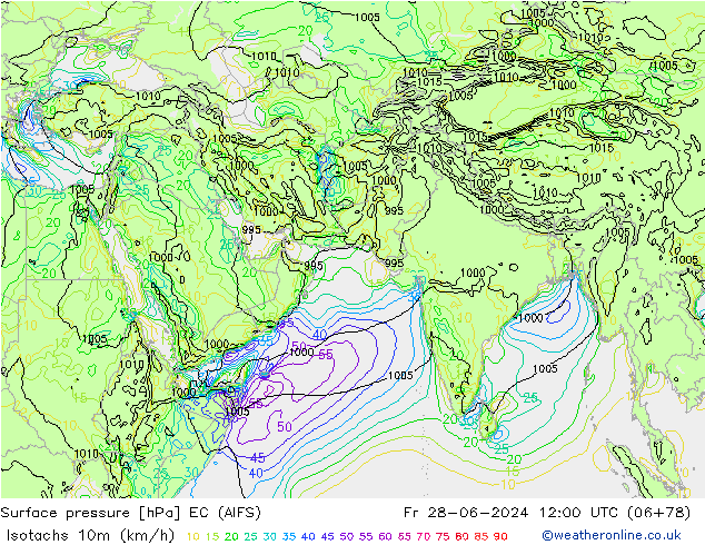 Isotachs (kph) EC (AIFS) ven 28.06.2024 12 UTC