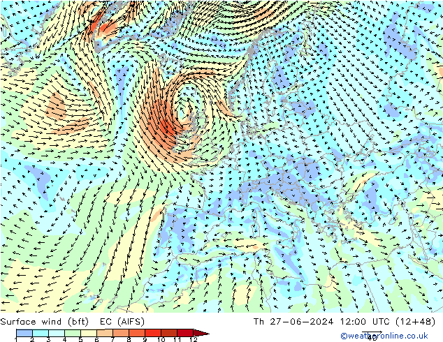 Surface wind (bft) EC (AIFS) Čt 27.06.2024 12 UTC