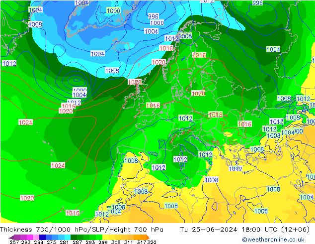 Thck 700-1000 hPa EC (AIFS) 星期二 25.06.2024 18 UTC