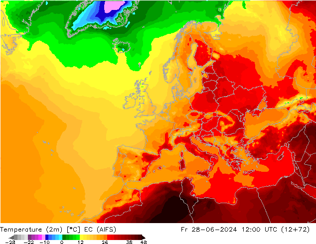 Temperatuurkaart (2m) EC (AIFS) vr 28.06.2024 12 UTC