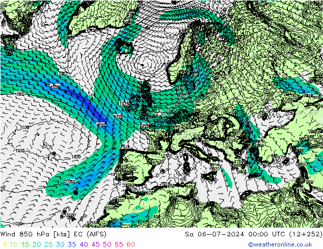 风 850 hPa EC (AIFS) 星期六 06.07.2024 00 UTC