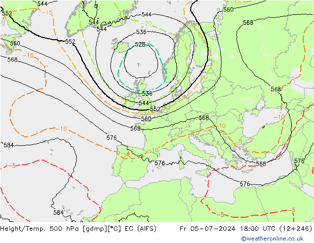 Yükseklik/Sıc. 500 hPa EC (AIFS) Cu 05.07.2024 18 UTC