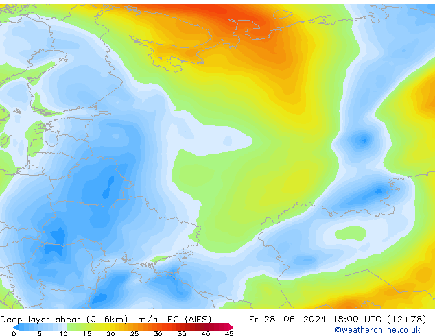 Deep layer shear (0-6km) EC (AIFS) Fr 28.06.2024 18 UTC