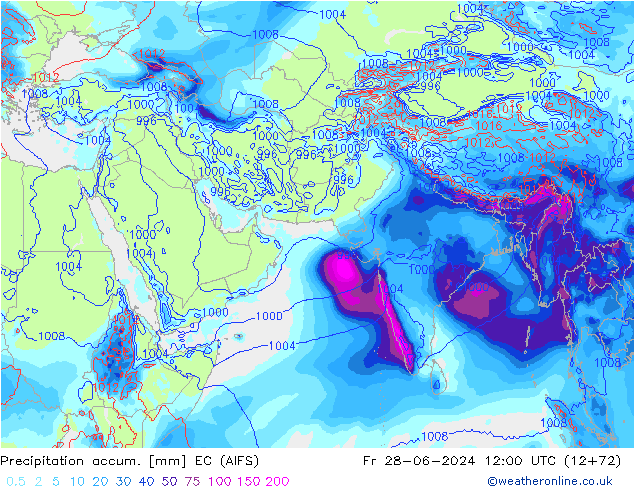 Precipitation accum. EC (AIFS) Pá 28.06.2024 12 UTC