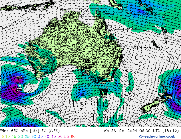 Wind 850 hPa EC (AIFS) wo 26.06.2024 06 UTC