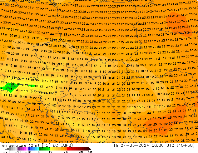 Temperature (2m) EC (AIFS) Th 27.06.2024 06 UTC
