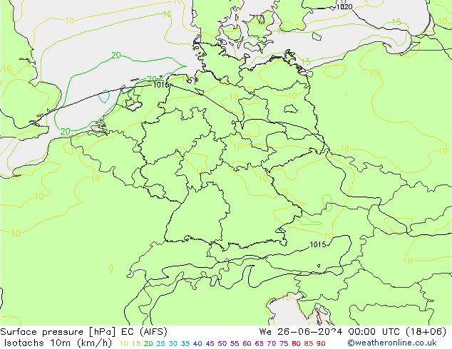 Isotachen (km/h) EC (AIFS) wo 26.06.2024 00 UTC