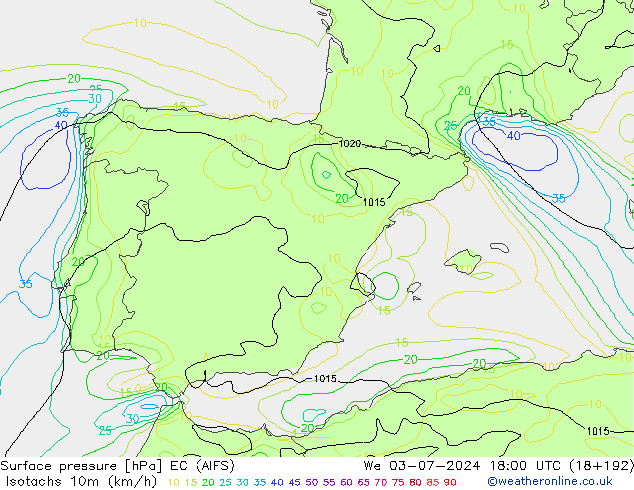 Isotachen (km/h) EC (AIFS) wo 03.07.2024 18 UTC