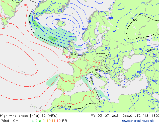 High wind areas EC (AIFS) 星期三 03.07.2024 06 UTC