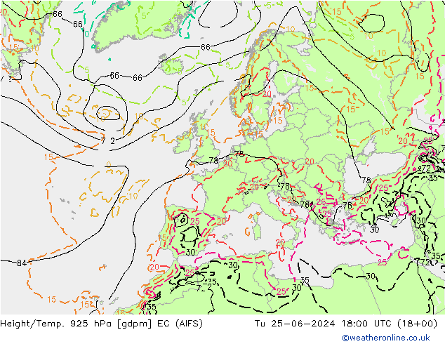 Height/Temp. 925 hPa EC (AIFS) 星期二 25.06.2024 18 UTC