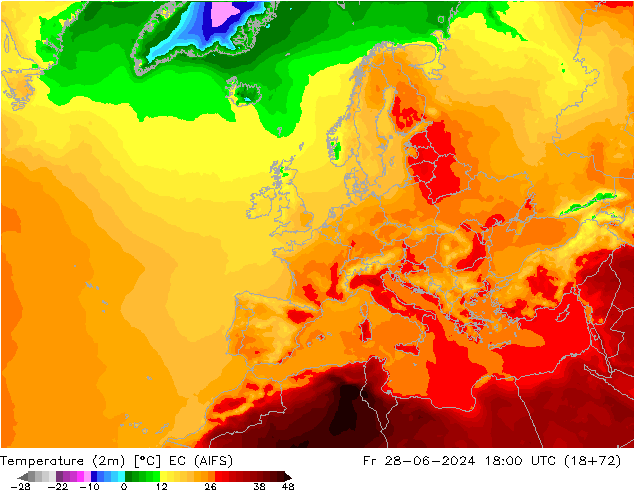 Temperatuurkaart (2m) EC (AIFS) vr 28.06.2024 18 UTC