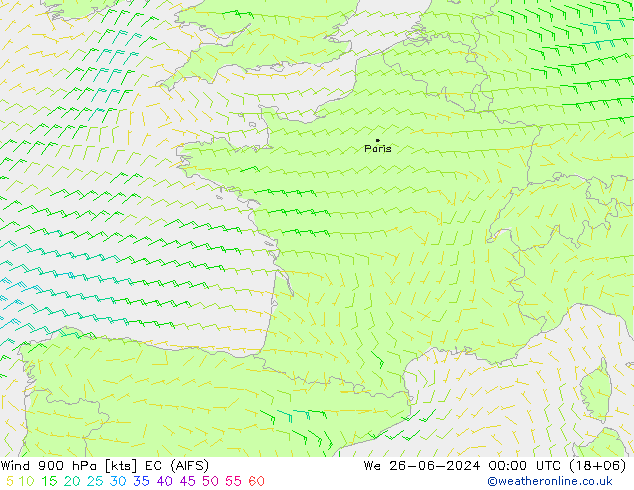 Wind 900 hPa EC (AIFS) Mi 26.06.2024 00 UTC