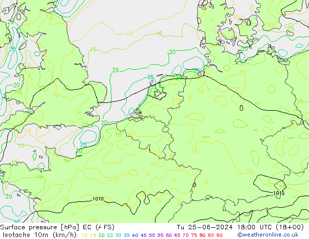 Isotachen (km/h) EC (AIFS) di 25.06.2024 18 UTC