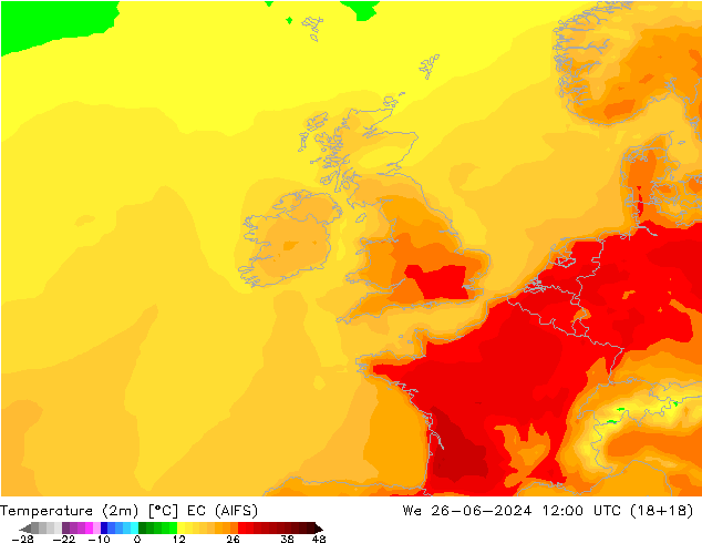 Temperatuurkaart (2m) EC (AIFS) wo 26.06.2024 12 UTC