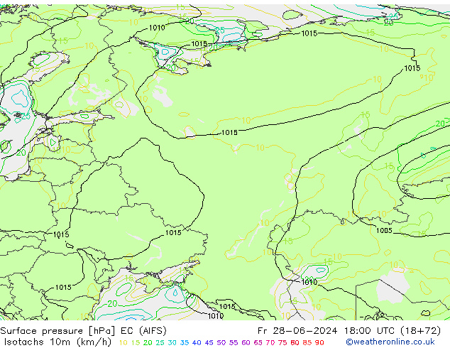 Isotaca (kph) EC (AIFS) vie 28.06.2024 18 UTC