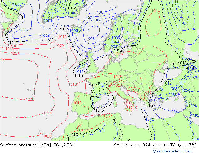 Atmosférický tlak EC (AIFS) So 29.06.2024 06 UTC